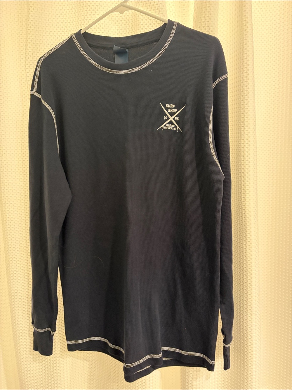 J. America Navy Long-Sleeve Crewneck with Contrast Stitch